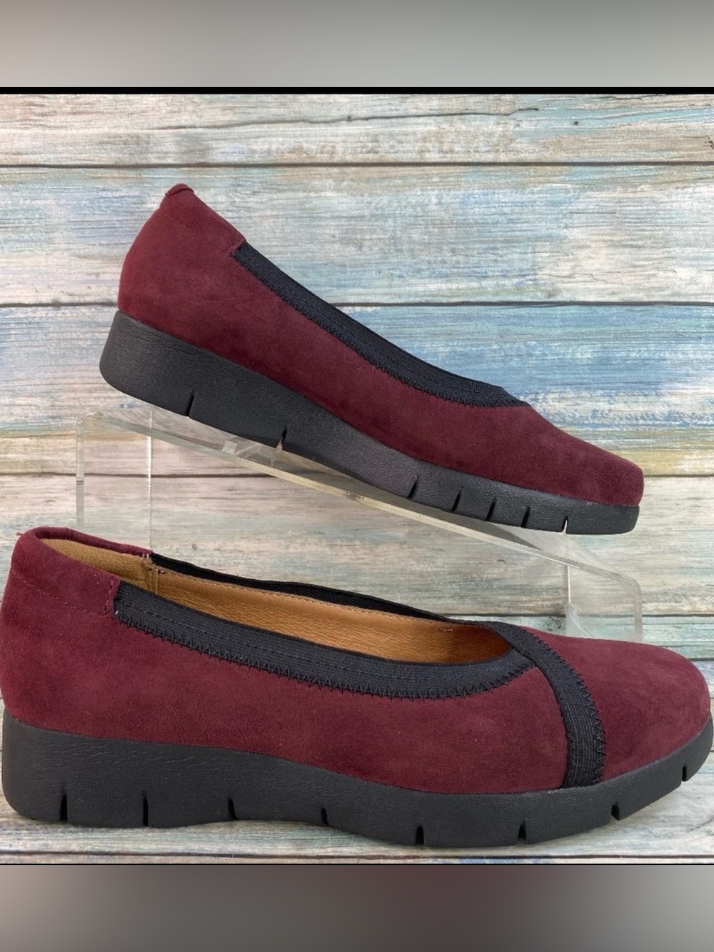Clarks Loafers Womens 6.5M Red Suede Lightweight Wedge Heel Slip On Comfort Shoe